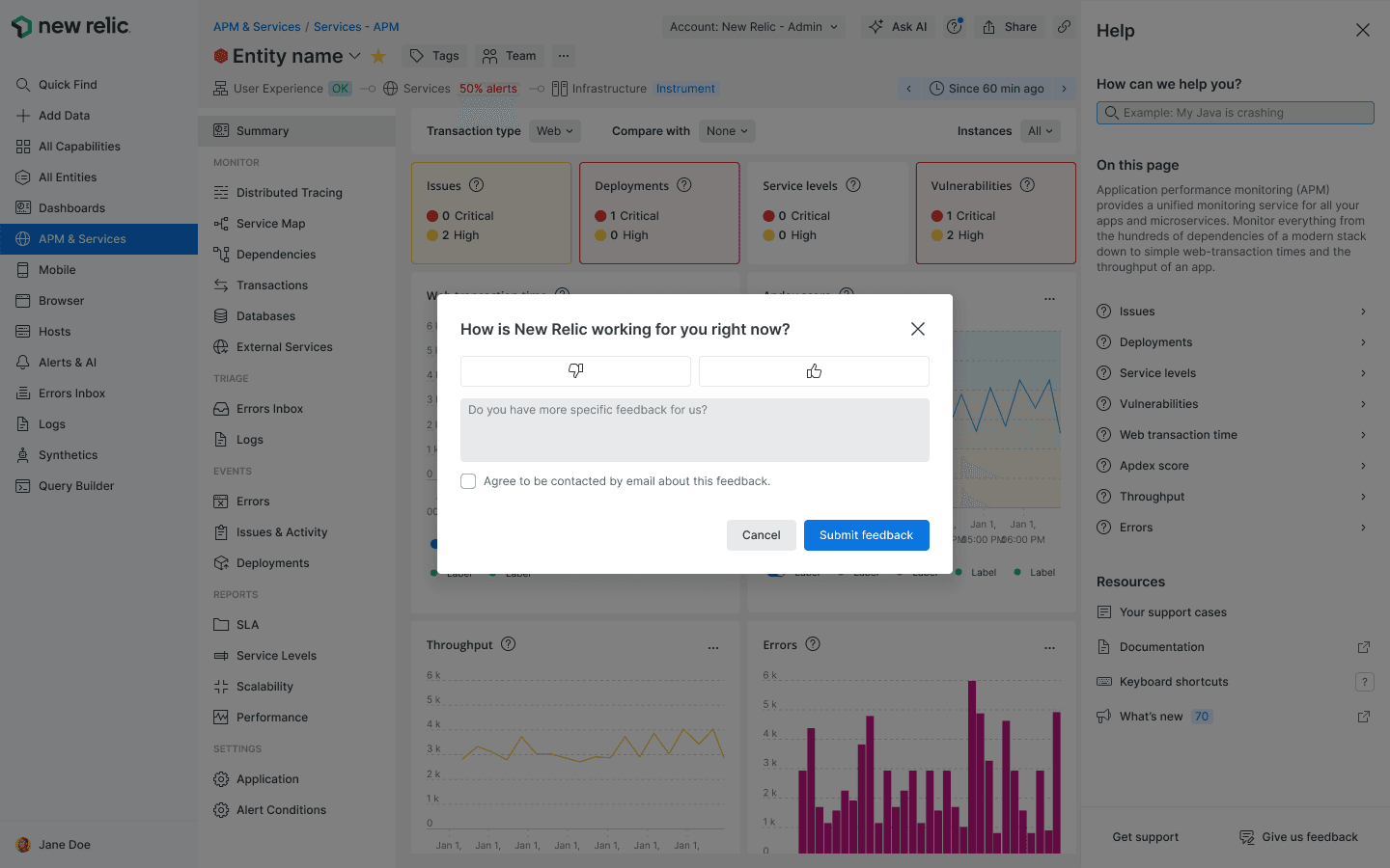 New Relic UI help experience feedback form